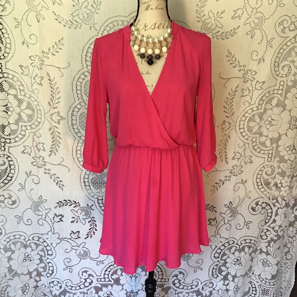 Lush - Hot Pink, Long Sleeved Faux Wrap Top Dress